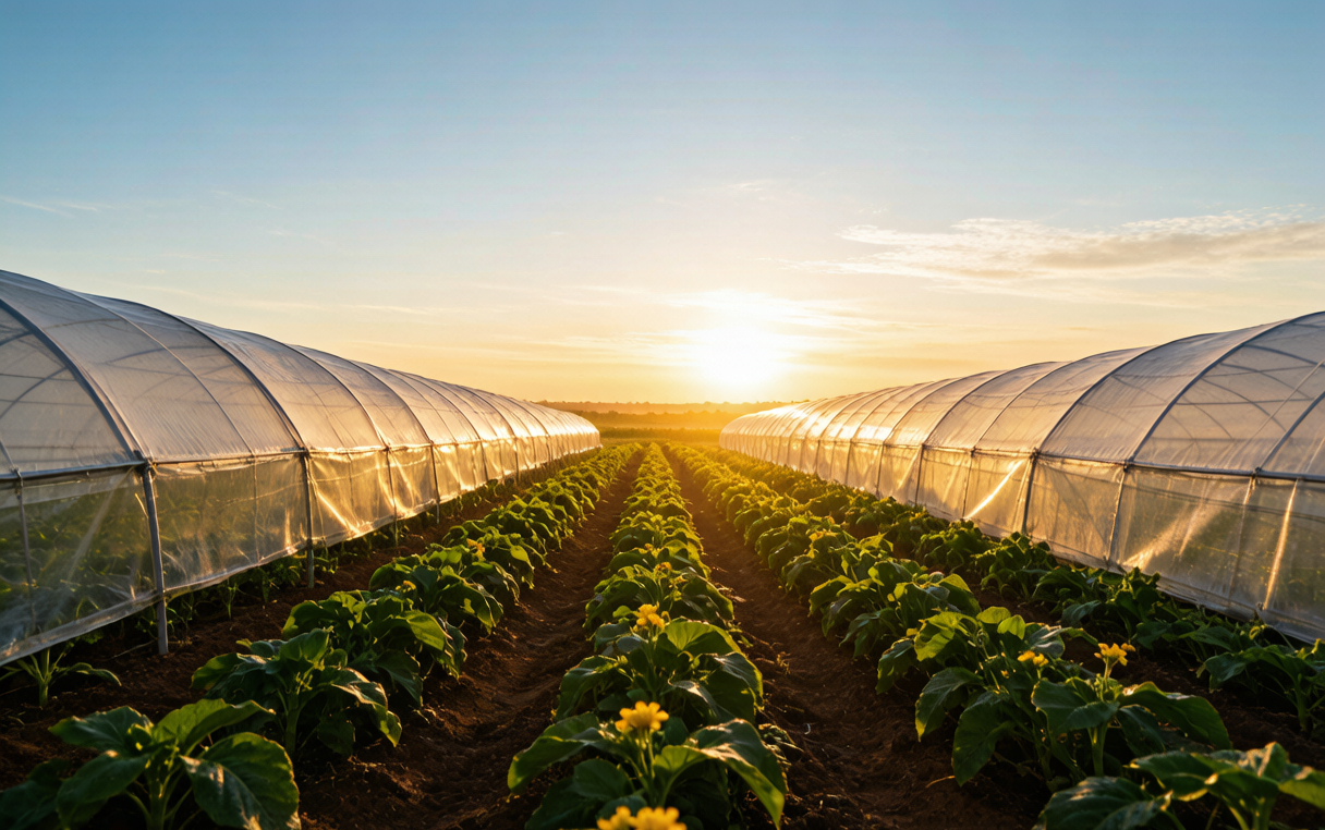 Commercial greenhouses across Latin America at sunrise — PO and PE greenhouse film for vegetable and flower farms