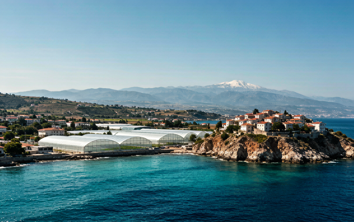 Modern greenhouses along Turkey's Mediterranean coast with turquoise sea and Caucasus mountains